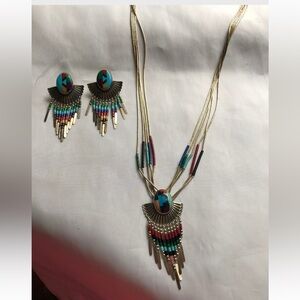 Vintage Liquid Sterling Silver Multi Color Stone Necklace & Matching Earrings.